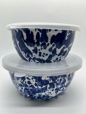 🌺NEW Golden Rabbit Cobalt Blue & White Enamelware Mixing Bowls w/ Lids Farmhouse